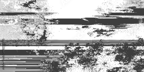 Distorted glitchy abstract texture with horizontal lines and halftone dots isolated on white background