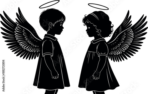 Angel children silhouette illustration showing boy and girl with wings and halos, spiritual innocence concept isolated on white background