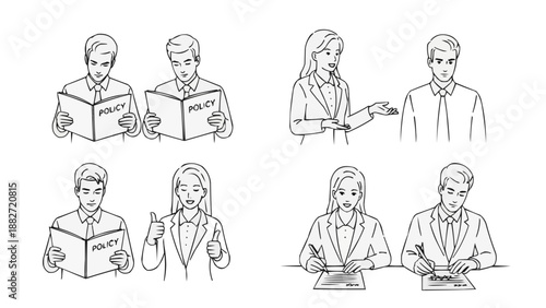 Comprehensive collection of line art illustrations depicting various business scenarios, including policy review, agreement discussions, approval gestures, and document signing processes by profession