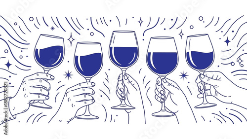 Five hands raising wine glasses filled with dark liquid in a toast gesture