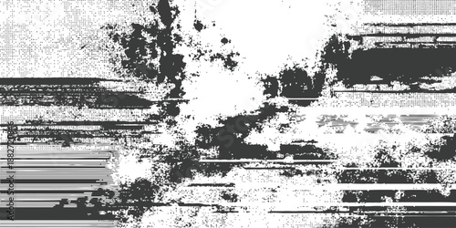 Abstract glitch art with distressed textures and horizontal lines isolated on white background