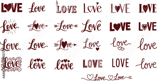 A collection of various love words and heart symbols on a white background