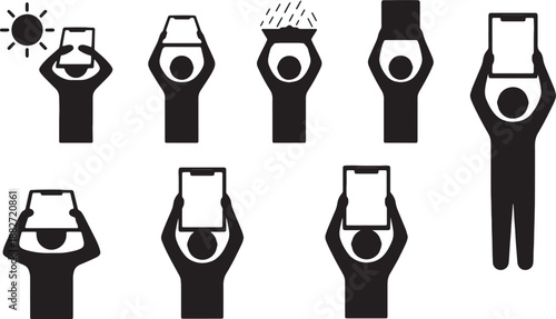 6 Black Solid Workers Holding Clipboards Overhead Silhouettes Set on White Background