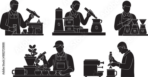 5 Black Solid Silhouettes of Smart Coffee Producers