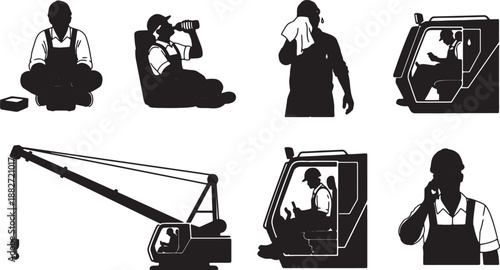 5 Black Solid Crane Operator Break Time Silhouettes Set on White Background