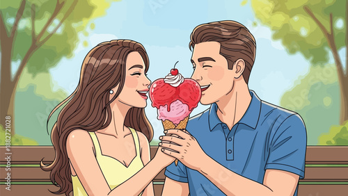 A cartoon illustration of a young couple sharing an ice cream cone in a park on a sunny day.