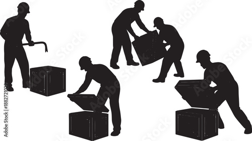 5 Black Solid Workers Opening Crates Silhouettes Set on White Background