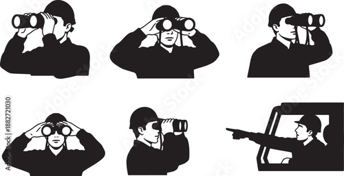 5 Black Solid Crane Spotting Distance Silhouettes Set on White Background