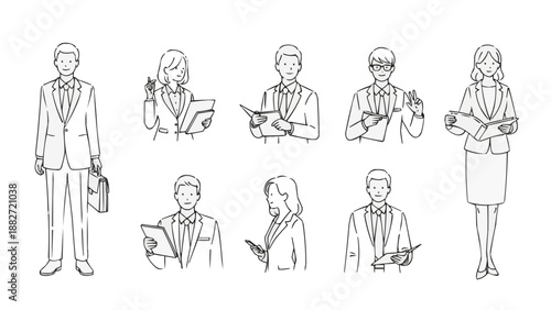 Collection of professional business people in various poses, depicted in a modern black and white line art illustration style, ideal for corporate designs and office-related visuals