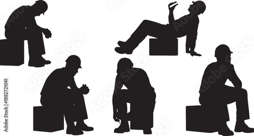 5 Black Solid Workers Sitting on Crates Silhouettes Set on White Background