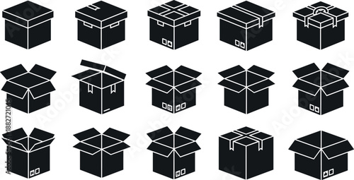 Black cardboard box icons set, open and closed packaging symbols, delivery storage logistics concept, minimal vector illustration isolated