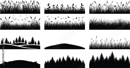 Nature landscape silhouette collection featuring grass, hills, forests and flying birds isolated black vector elements for environmental design