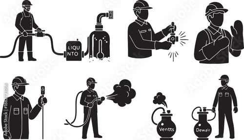 6 Black Solid Cryogenics Engineer Silhouettes Set on White Background