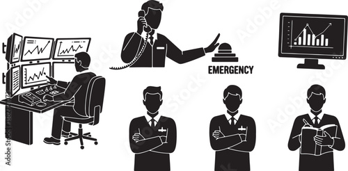 6 Black Solid Control Room Engineer Silhouettes Set on White Background