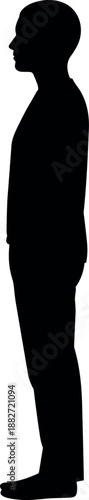 Black human silhouette side profile standing man, isolated on white background, minimal full body outline concept for identity, privacy anonymity