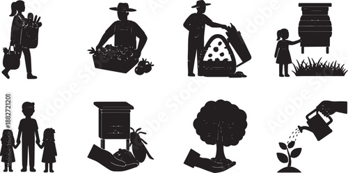 6 Black Solid Eco-Friendly Habits Silhouettes Set on White Background