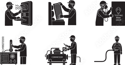 6 Black Solid ECS Technician Silhouettes Set on White Background