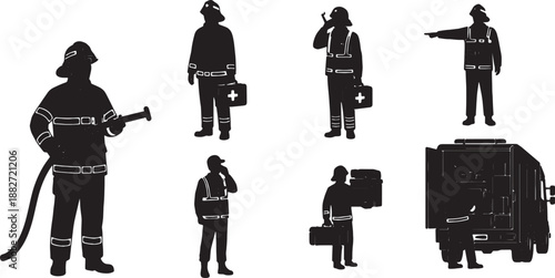 6 Black Solid Emergency Response Silhouettes Set on White Background