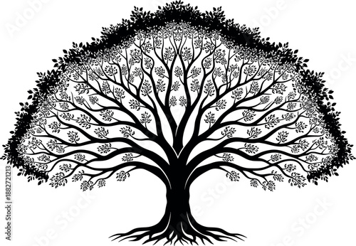Black tree silhouette with spreading branches and roots, isolated on white background, nature symbol, growth, life, ecology concept illustration