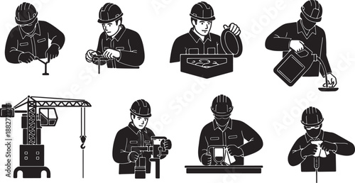 6 Black Solid Engine Fluid Check Silhouettes Set on White Background