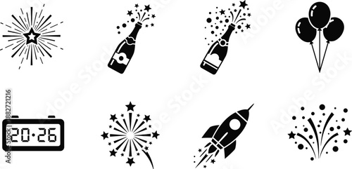 Black New Year celebration icons set with fireworks, champagne bottles, balloons, rocket launch and 2026 calendar symbols isolated on white background