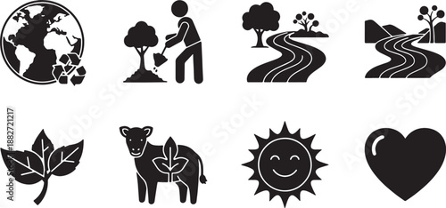 6 Black Solid Environmental Benefits Silhouettes Set on White Background