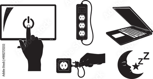 5 Black Solid Energy Saving Habits Silhouettes Set on White Background