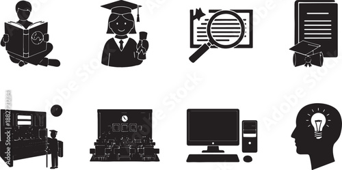 6 Black Solid Environmental Education Silhouettes Set on White Background