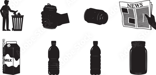 6 Black Solid Everyday Waste Silhouettes Set on White Background