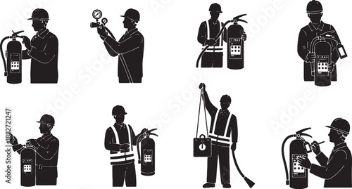 6 Black Solid Workers Inspecting Fire Extinguishers Silhouettes Set on White Background