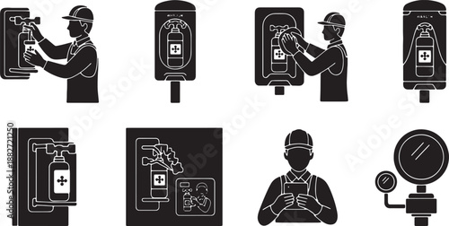 6 Black Solid Eyewash Bottle Station Silhouettes Set on White Background