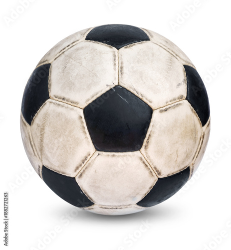 Old Soccer ball. Classic black and white football with wear and tear from play isolated on transparent background or png file.