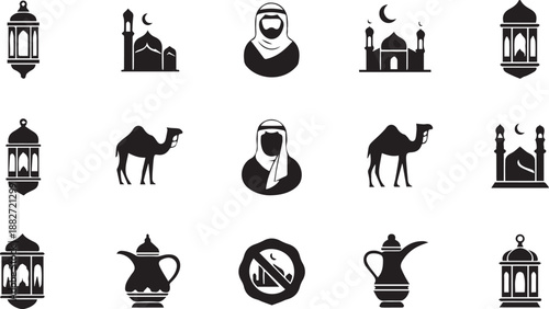 Islamic Lifestyle Icon Set Featuring Arab Avatars, Mosque Architecture, Camels, and Traditional Teapot Silhouettes