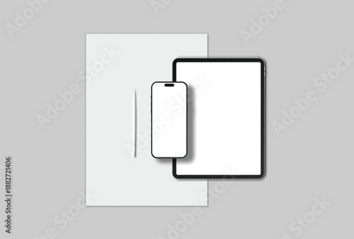 Minimal device mockup featuring tablet, smartphone, paper sheet, and stylus on light gray background. Clean flat lay with blank screens and copy space, ideal for branding or print templates.