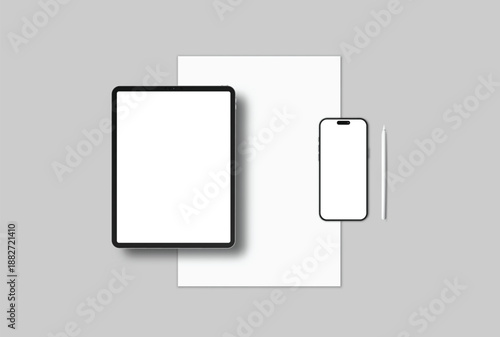 Minimal device mockup featuring tablet, smartphone, paper sheet, and stylus on light gray background. Clean flat lay with blank screens and copy space, ideal for branding or print templates.
