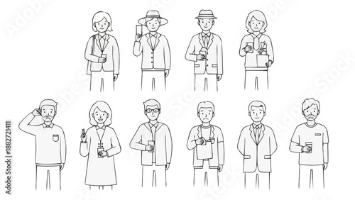 Diverse people interacting with modern communication and daily items in a simple line art style, perfect for contemporary user interface and design projects