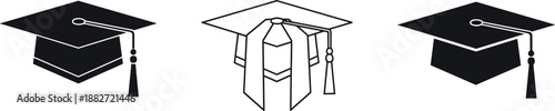 Graduation cap icon set, academic mortarboard silhouettes with tassels, education symbol collection, black and white vector illustration isolated
