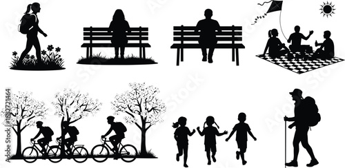 Black silhouette people outdoor activities collection showing walking, sitting, cycling, children playing, hiking and picnic lifestyle scenes isolated on white background
