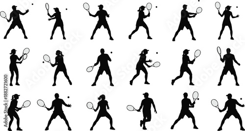 Black tennis player silhouettes collection showing male and female athletes performing dynamic racket action poses, sports movement set isolated on white background