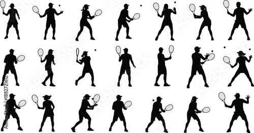 Black tennis player silhouettes set showing male and female athletes in action poses with rackets, sport movement collection isolated on white background