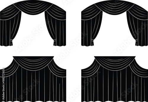 Black theater curtain silhouettes collection showing open and closed stage drapes, classic dramatic backdrop illustrations isolated on white background