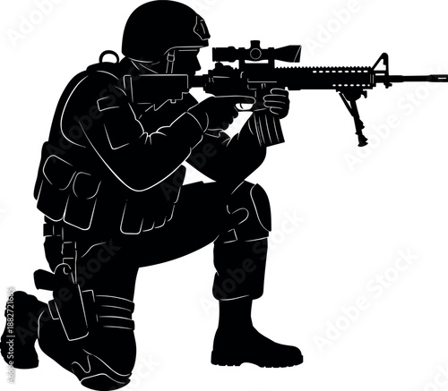 Modern armed soldier aiming rifle, tactical kneeling combat pose silhouette, military special forces vector illustration isolated on white background