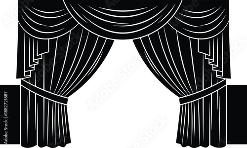 Black theater stage curtains silhouette illustration isolated on white background for drama performance, cinema, presentation, vector design, poster templates