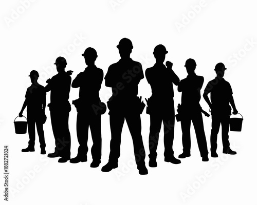Construction worker team silhouette standing together professional construction crew with safety helmets and tool belts contractor workforce unity teamwork construction industry labor concept for arch