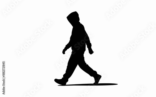 Silhouette of mysterious hooded man walking alone in darkness anonymity concept shadow figure isolated on white background for crime thriller mystery suspense book cover design or social issues mental
