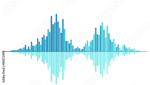 Abstract sound wave visualization with reflection, blue spectrum bars representing audio frequencies