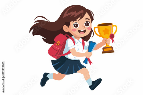 Happy cartoon schoolgirl running with backpack holding trophy and certificates celebrating academic achievement in education victory success concept for school awards presentations and educational mar