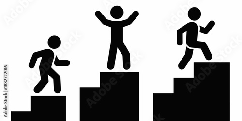 Stick figure man climbing steps symbol illustration achievement progress success concept reaching goal personal development career path opportunity motivation for business presentations website infogr