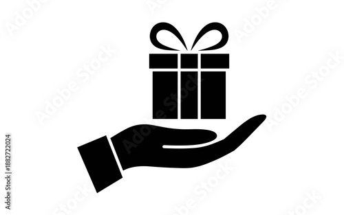 Elegant black gift box with bow presented on open hand vector illustration for special occasion promotions marketing campaigns ecommerce advertising surprise anniversary celebration present reward ico