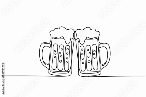 Minimalist line art drawing of two beer mugs toasting for bar or restaurant design perfect for advertising marketing materials or festive celebration invitation artwork with modern aesthetic alcohol b
